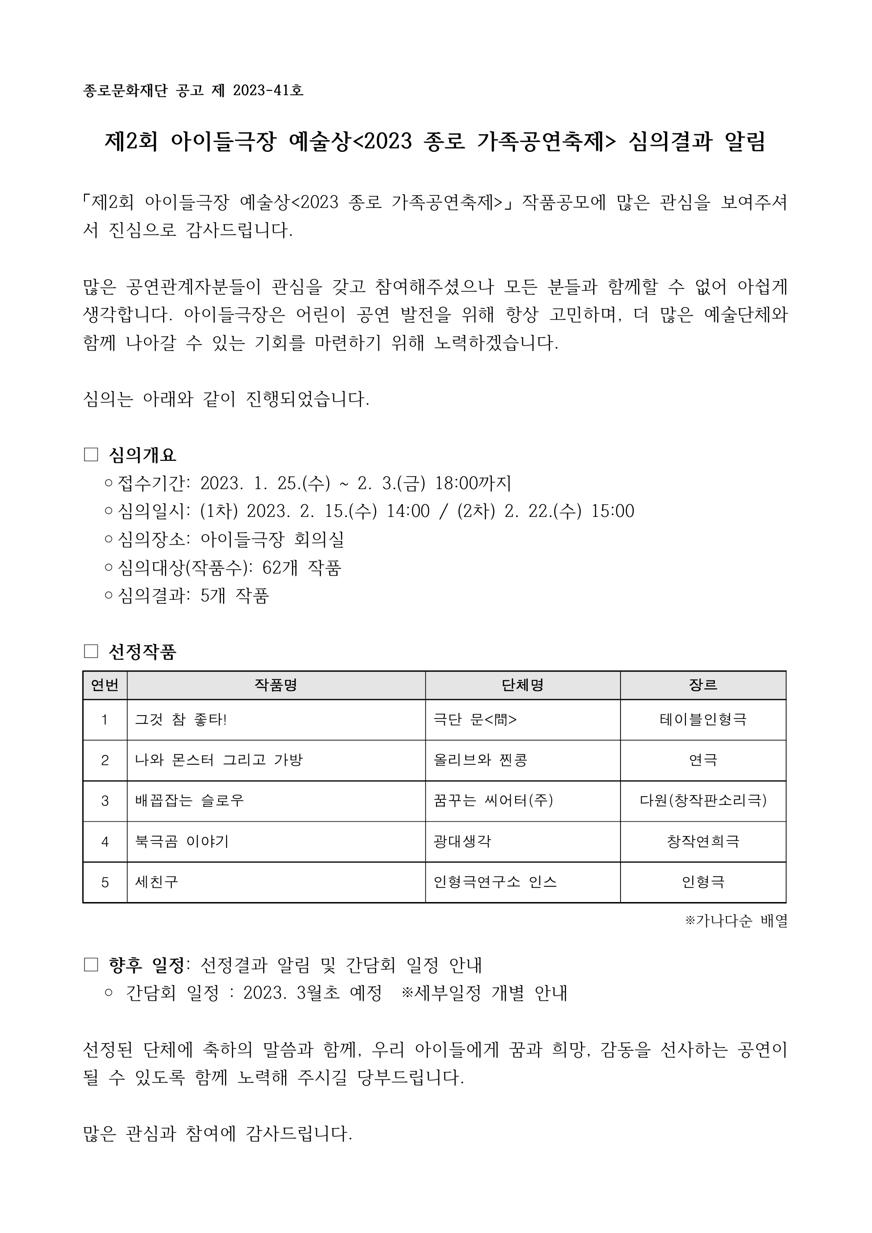 제2회 아이들극장 예술상 심의결과 알림 공고 1