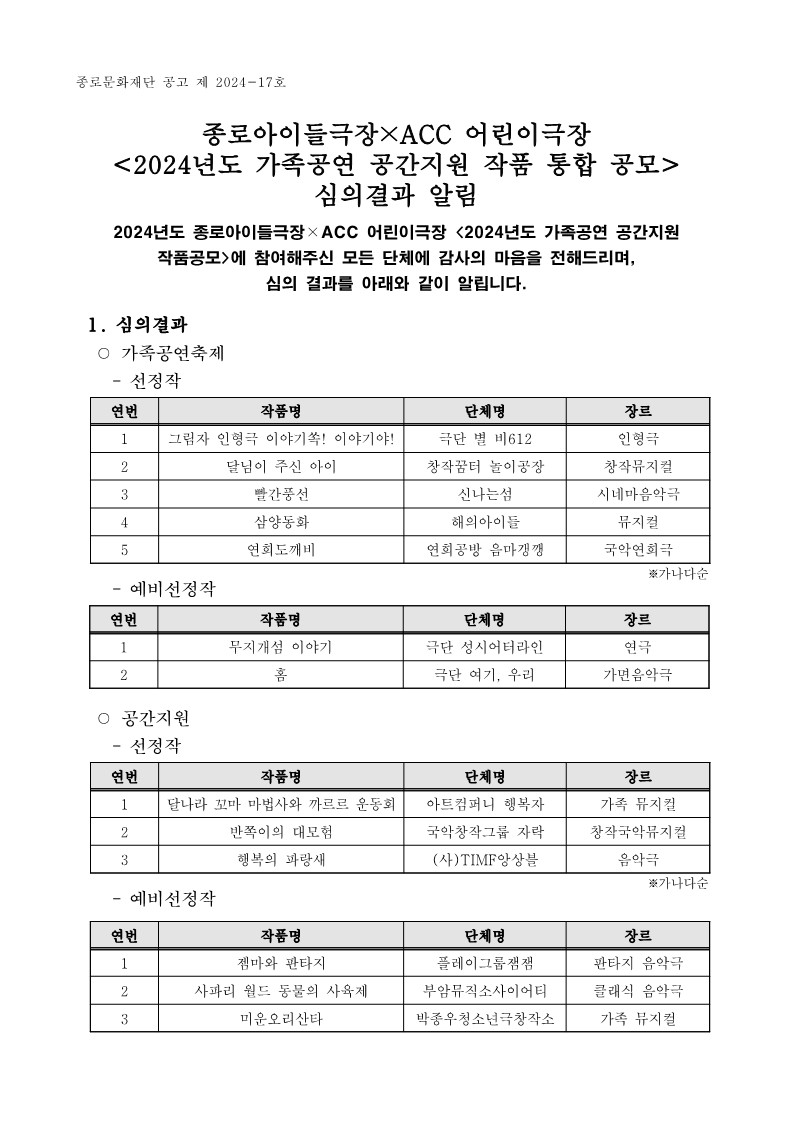 붙임 2024년도 가족공연축제 및 공간지원 공모 심사 결과 공고문1